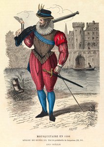 Portret van een musketier in 1586 in Parijs (onder het bewind van koning Hendrik III), gravure, privécollectie - Musketier in Parijs