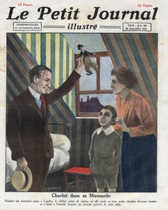 Portret van acteur Charlie Chaplin op reis naar Londen, hij bezoekt zijn voormalige kamer en geeft het kind van de familie een kleine pop van Charlot. Illustratie uit 