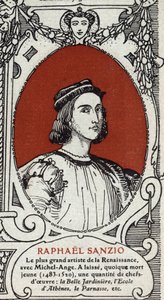 Portret van de Italiaanse renaissance schilder Raphael (Raffaello Sanzio 1483-1520). Gravure uit 1914. Privécollectie.