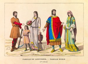 Portretten en kostuums van een ploegersfamilie en een adellijke familie in de 5e eeuw, gravure - privécollectie door Anonymous Anonymous