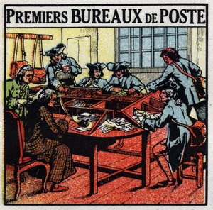 Postkantoor: eerste postkantoren in Parijs in de 18e eeuw. Anonieme illustratie uit 1925. Privécollectie.