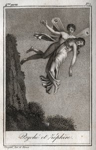 Psyche meegenomen door Zephyr. Gravure uit 1819 in "Lettres à Emilie sur la mythologie" door Charles Albert Demoustier (1760-1801). Privécollectie.