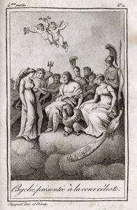 Psyche gepresenteerd aan het Hemelse Hof. Gravure uit 1819 in "Lettres à Emilie sur la mythologie" door Charles Albert Demoustier (1760-1801). Privécollectie.