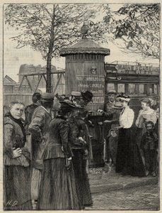 Openbare hygiëne: inwoners van Parijs gebruiken een van de gefilterde waterfonteinen geïnstalleerd in het 15e arrondissement. Deze fonteinen hebben een Chamberland Pasteur-systeemfilter. Gravure in 