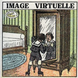 Reflectie van licht: virtueel beeld. Een kind dat zijn reflectie in een spiegel aanschouwt. Anonieme illustratie uit 1925. Privécollectie.