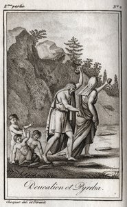 Voorstelling van Deucalion en Pyrrha, de enige overlevenden na de zondvloed veroorzaakt door Zeus om het menselijk ras te vernietigen. Themis vraagt hen na de zondvloed om met bedekt hoofd achter zich de botten van hun moeder (de stenen van de Aarde) te go