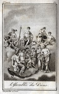 Voorstelling van de Vergadering van de Goden op de berg Olympus of Twaalf Olympiërs. Gravure uit 1819 in "Lettres à Emilie sur la mythologie" door Charles Albert Demoustier (1760-1801). Privécollectie.
