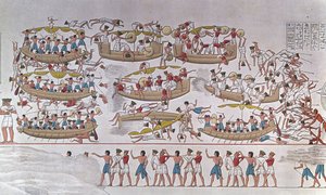 Voorstelling van de Slag bij de Nijl Delta tussen de legers van Ramses III en de Zeevolken. Van een reliëf in de dodentempel van Medinet Haboe, Egypte