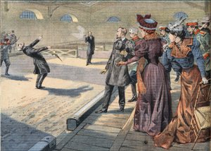Russische generaals Smyrnoff en Fock vechten in een duel. Gravure uit de krant "Le Petit Parisien", 5/04/1908. Privécollectie.