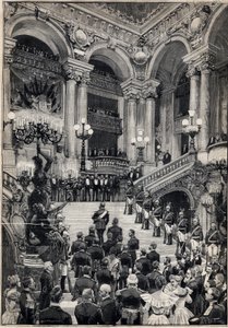 Russische matrozen beklimmen de grote trap tijdens een gala-avond in de Opera Garnier in Parijs. Gravure in 