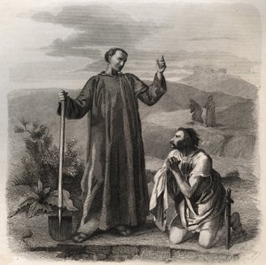Sint Benedictus van Nursia verwelkomt Totila (6e eeuw) koning van de Ostrogoten. Gravure uit 1846 in 