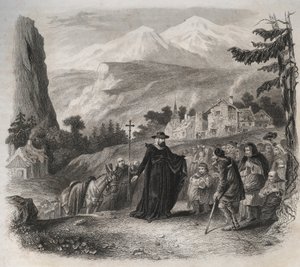 Sint Franciscus van Sales (1567-1622), bisschop van Genève op een pastorale bezoek. Gravure uit 1846 in 