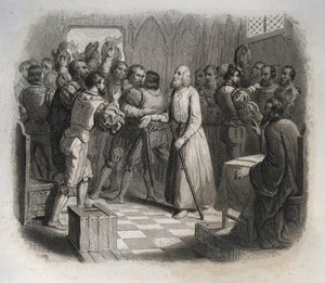 Sint Nicolaas van Flue of Broeder Klaus (1417-1487), een Zwitserse kluizenaar die de Zwitserse confederaties verzoende die op het punt stonden een burgeroorlog te beginnen. Gravure uit 1846 in Lives of the Saints. Privécollectie