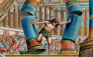 Simson brengt de Tempel van Dagon ten val - Chromolithografie - Privécollectie door Anonymous Anonymous