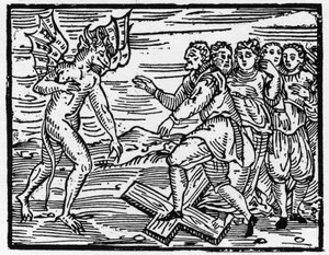 Satan dwingt zijn toekomstige discipelen om op het kruis te lopen - "Compendium Maleficarum", behandelt heksen, hun kwaad en hun toverkunsten door Francesco Maria Guazzo of Guaccio of Guaccius (15?? -16??) 1608 Privécollectie. door Anonymous Anonymous