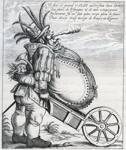 Satire tegen Matthias Gallas (1584-1647) generaal van het keizerlijke leger tijdens de Dertigjarige Oorlog, na zijn pensionering in 1636. Gravure uit de 17e eeuw. Privécollectie.