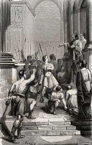 Saturnin van Toulouse (Saint Sernin, eerste christelijke bisschop van Toulouse) (3e eeuw) gearresteerd op het Capitool van Toulouse - Gravure van 1846 in 