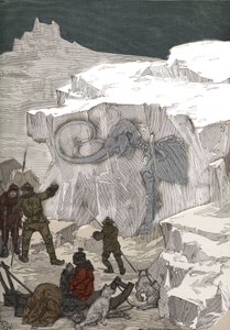 Zoeken naar mammoet fossiel ivoor in Siberië in de 19e eeuw. Gravure uit 1885 in 