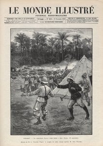 Tweede Dahomey-oorlog (1892-1894): dood van de Franse commandant Faurax tijdens de Slag bij Dogba op 19 september 1892 in Dahomey (nu Benin). Een krant. Gravure in “Le monde illustrée” van 1892. Privécollectie.