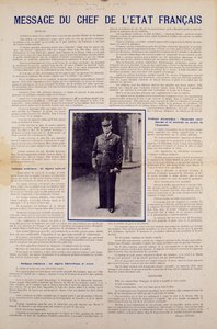 Tweede Wereldoorlog en Vichy-regime: boodschap van de Franse staatshoofd Philippe Pétain gepubliceerd na de wapenstilstand die door Frankrijk werd ondertekend in juni 1940 en het programma van de Nationale Revolutie presenteert, herfst 1940. Privécollectie door Anonymous Anonymous