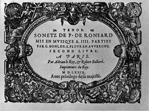 Tweede deel van de sonnetten van de Franse dichter Pierre de Ronsard (1524-1585) op muziek gezet door Guillaume Boni. Parijs 1579 door Anonymous Anonymous
