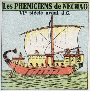 Schepen: Fenicische zeelieden in dienst van farao Nechao in de 7e eeuw v.Chr. Anonieme illustratie uit 1925. Privécollectie.