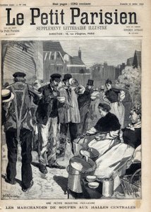 Kleine Parijse industrie: soepverkopers op de centrale markten. Gravure. Uit de krant 