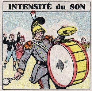 Geluidsenergie: intens geluid. De grote trom van een militaire band. Anonieme illustratie uit 1925. Privécollectie.