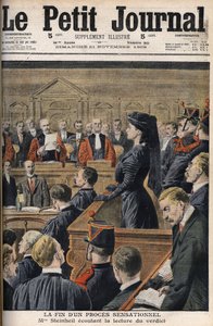 Steinheil-zaak: Marguerite Steinheil (1869-1954) luistert naar het voorlezen van het vonnis - Le Petit Journal, november 1909