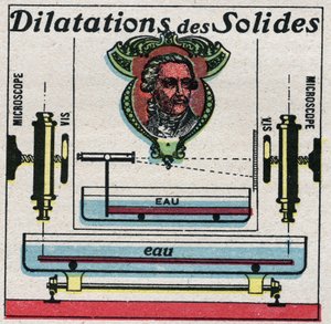 Temperatuur en uitzetting: uitzetting van vaste stoffen bestudeerd door Antoine Laurent de Lavoisier. Anonieme illustratie uit 1925. Privécollectie.