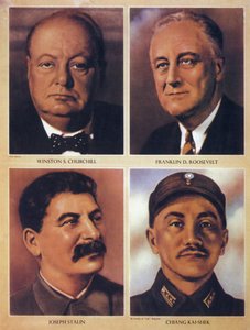 De Geallieerde leiders van de Tweede Wereldoorlog - Winston Churchill, Franklin Delano Roosevelt, Joseph Stalin en Chiang Kai Shek - 1943