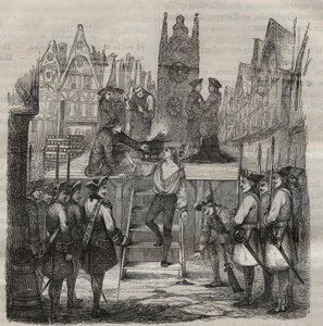 De Chevalier Francois-Jean Lefebvre de La Barre op weg naar het schavot in 1766. Gravure in 