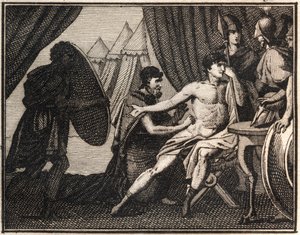 De dood van Epaminondas (na de slag tegen de Spartanen bij Mantineia 362 v.Chr.). Gravure uit 