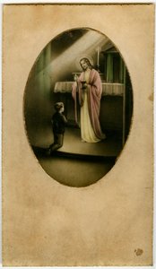 De Eucharistie, Heilige Communie, het Sacrament van het Altaar: een kind voor Jezus (gravure)