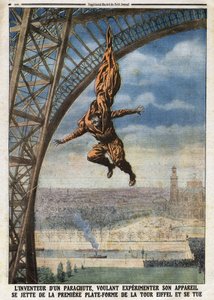 De Franse kleermaker van Oostenrijkse afkomst Franz (of François) Reichelt (1879-1912) uitvinder van een parachute die zijn toestel wil testen, springt van het eerste platform van de Eiffeltoren en komt om. Gravure in "Le Petit Journal"