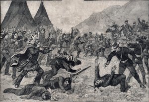 De opstand van de Indianen in de Verenigde Staten: een gevecht tussen Sioux-indianen en Amerikaanse troepen. Gravure in 
