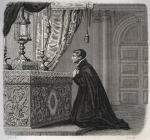 De Italiaanse jezuïet Louis de Gonzague (San Luigi Gonzaga) (1568-1591) in gebed. Gravure uit 1846 in 