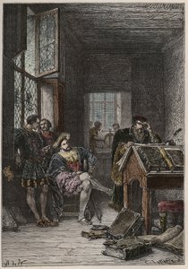 De koning van Frankrijk François I (1494-1547), beschermer van kunsten en letters, bezoekt de werkplaatsen van de drukkers Estienne, circa 1540