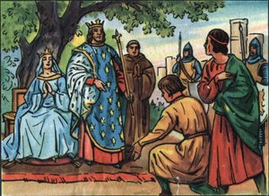 De koning van Frankrijk Saint Louis (Lodewijk IX 1214-1270) doet recht onder de eik van het Bois de Vincennes. Anonieme illustratie in “Collection des souverains et chefs d