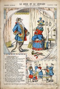De aap en de luipaard. Anonieme illustratie voor Les Fables door Jean de La Fontaine (1621-1695). Pont-a-Mousson, circa 1880. Privécollectie. door Anonymous Anonymous