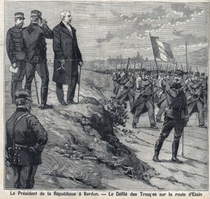 De president van de Republiek Felix Faure bezoekt Verdun: de optocht van de militaire school van de weg van Etin. Gravure in 
