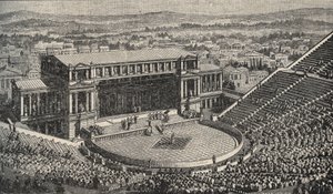 Het Theater van Dionysus, De Akropolis, Athene, Griekenland - Re-enactment van 1890 van het Theater van Dionysus - in Athene, Oud-Griekenland. - gravure 1890