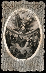 De Maagd Maria met de Heilige Drie-eenheid (God, Jezus Christus en de duif van de Heilige Geest). Dentelkaart. 19e eeuw. Privécollectie