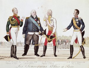 De geallieerde vorsten: Alexander I van Rusland, Lodewijk XVIII van Frankrijk, Frans II van Oostenrijk en Frederik Willem III van Pruisen tijdens de ondertekening van het Alliantieverdrag in Parijs september 1815 door Anonymous Anonymous