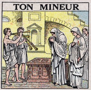 De kunst van geluiden: uw mijnwerker. Dubbele fluitspelers in een straat in de oudheid (tijdens een begrafenis?). Anonieme illustratie uit 1925. Privécollectie.