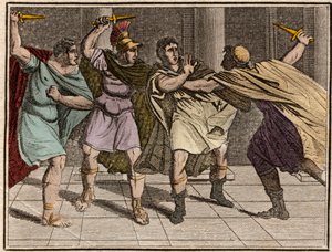 De moord op de Romeinse keizer Julius Caesar (Jules Cesar - Giulio Cesare of Caius Julius Caesar) op 15 maart 44 v.Chr. - Gravure uit 