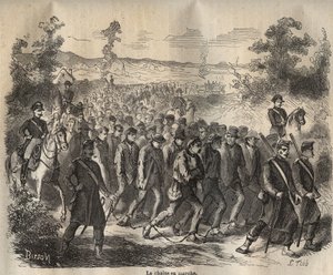 De keten begon in de Toulon Bagne in de 19e eeuw. Gravure in Histoire des bagnes depuis leur création à nos jours (1877) door Pierre Zaccone. Privécollectie. door Anonymous Anonymous