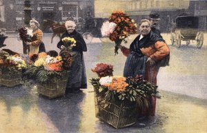 Het chrysanthemenfeest: chrysanthemenverkoper op straat. Gravure. Een van de krant "Le petit parisien" op 20/11/1910. Privécollectie. door Anonymous Anonymous