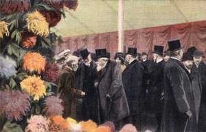 Het chrysanthemenfeest: officiële chrysanthemententoonstelling. Gravure. Een van de kranten 