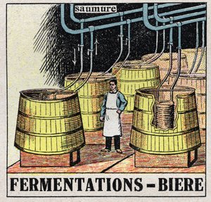 De koude industrie: moutfermentaties om bier te produceren. Anonieme illustratie uit 1925. Privécollectie.